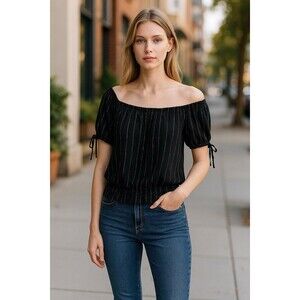 Y2K Express Women’s Short Tie Sleeve Cropped Tunic L Black With Metallic Stripes